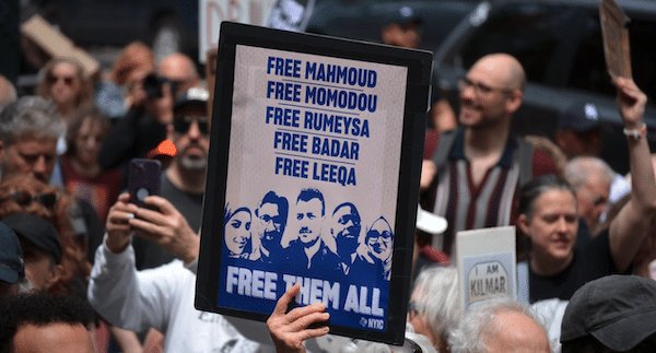 MR Online | People holding signs in support of activists detained under the Trump Administration Manhattan April 2025 | MR Online